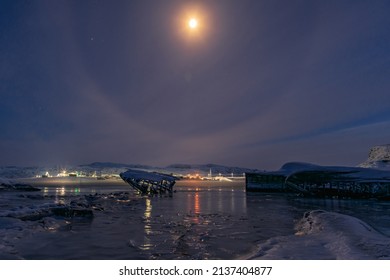 Moon Halo, Graveyard Of Old Ships, Teriberka, Murmansk Region, Russia, Arctic, Polar Night