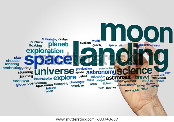 Moon\
landing word cloud concept on grey\
background