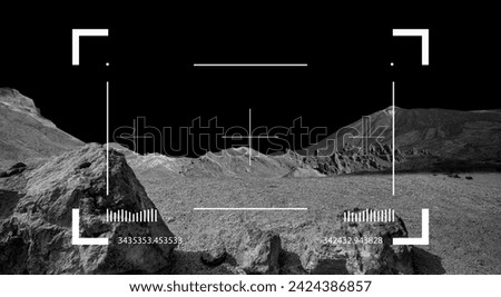Moon landscape through viewfinder of Lunar rover. Cosmic scene with desert, stone, sand and black heaven background