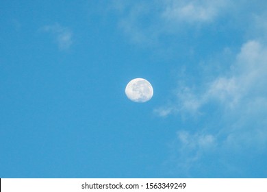 Moon Light In White Clouds, Close Up Of Crescent Moon In The Morning