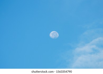 Moon Light In White Clouds, Close Up Of Crescent Moon In The Morning