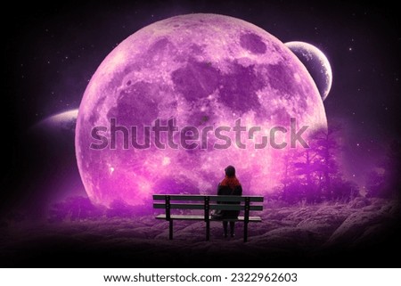 Moon Manipulation, Big purple moon girl sitting in the park.