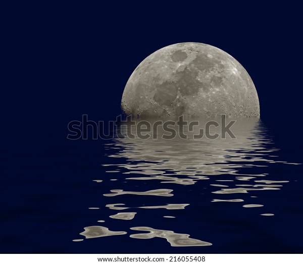Moon near\
the sky line at the dark sky with its reflection in wavy water.\
There is a copy space to insert some text or images. Can be used as\
a postcard, wallpaper or\
backgorund.