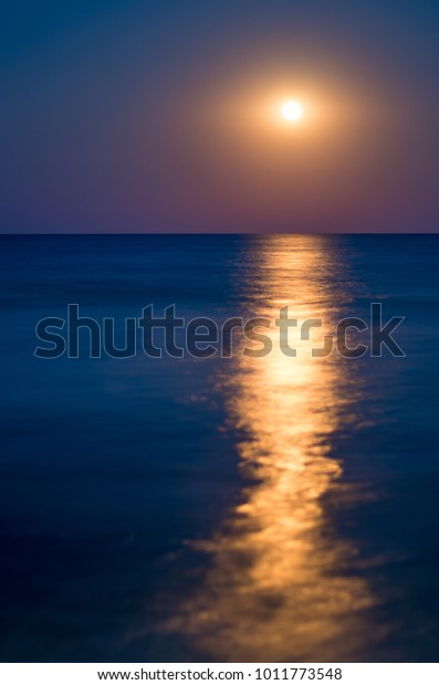 moon in the night blue sky, sea\
horizon, waves, reflection of light. Vertical\
composition