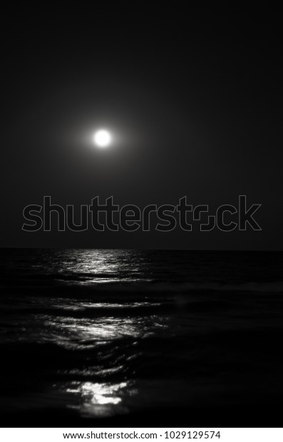 moon at night, moonlight\
on the waves of the sea. Horizon. Long exposure. Black and white\
photo.