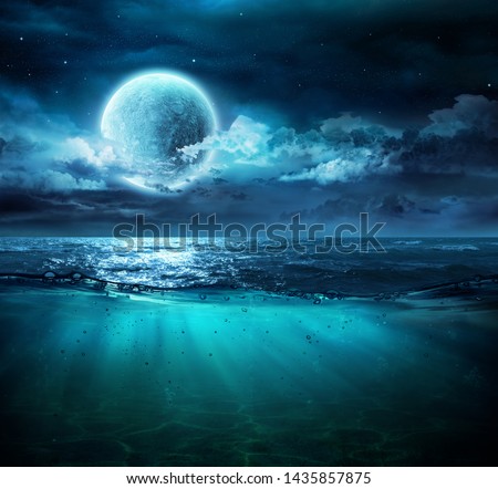 Moon On Sea In Magic Night With Underwater Scene
