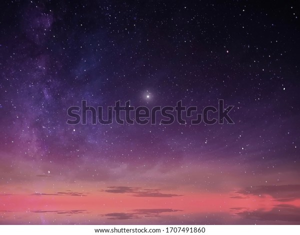 moon on starry night sky pink  lilac blue dark skyline\
landscape 