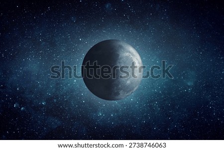 Moon in outer space against a starry sky, half illuminated and half in shadow. Detailed lunar surface with craters surrounded by deep blue space, stars, and soft cosmic glow, symbolizing night, astronomy, science, exploration, and the mystery of the universe. Elements of this image furnished by NASA