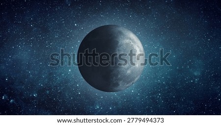 Moon in outer space against a starry sky, half illuminated and half in shadow. Detailed lunar surface with craters surrounded by deep blue space, stars, and soft cosmic glow, symbolizing night, astronomy, science, exploration, and the mystery of the universe. Elements of this image furnished by NASA