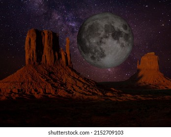 Moon Over Monument Valley In A Night Setting