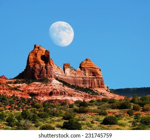 Moon Over Red Rock Country Mountains Surrounding Sedona Arizona