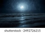 Moon over sea or ocean. Night view. A good background for the theme of travel, vacation, voyage. Moonlight background.