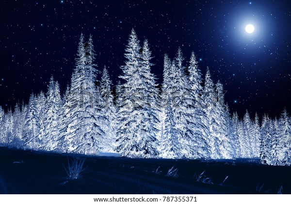 Moon Over Winter Forest Winter Night Stock Photo Edit Now