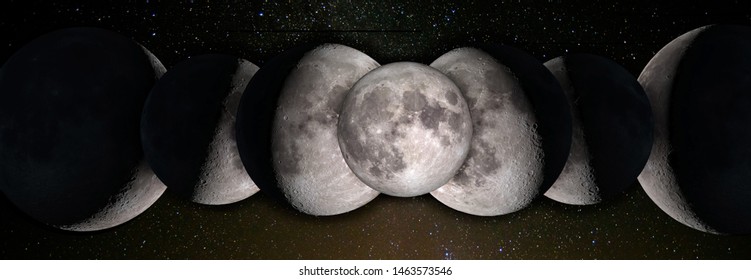Moon phases. Different moons in a row on a starry sky background. Elements of this image furnished by NASA.