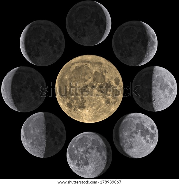 Moon phases mosaic from young to old Moon on a\
black clipping background. My astro-photography work through a\
telescope.