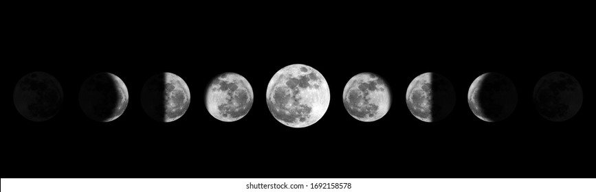 Moon Phases Night Space Astronomy And Nature Moon Phases Sphere Shadow. The Whole Cycle From New Moon To Full Moon.