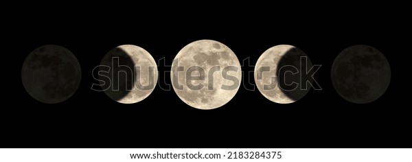 Moon phases\
night space astronomy and nature moon phases sphere shadow. The\
whole cycle from new moon to full\
moon.