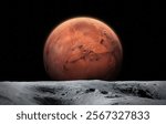 Moon and red planet Mars. Moon surface with craters. View of planet Mars from the surface of the moon. Exploration and colonization concept. Elements of this image furnished by NASA.