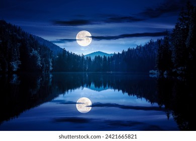 moon reflecting on the water surface of a lake. night scene with dark forest on the hill - Powered by Shutterstock