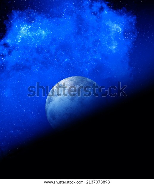 Moon and\
reflections in blue cosmic space. Moon and super colorful deep dark\
space. Background night sky with stars, moon and clouds. The image\
of the moon of incomparable\
beauty.