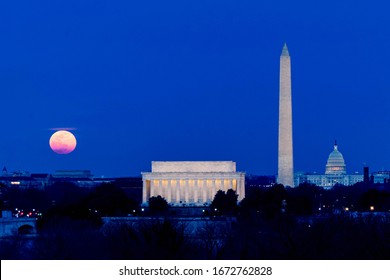 Moon rise over Lincoln Memorial, Washington Monument and U. S. Capitol Building on March 9, 2020, 2 by 3 aspect ratio