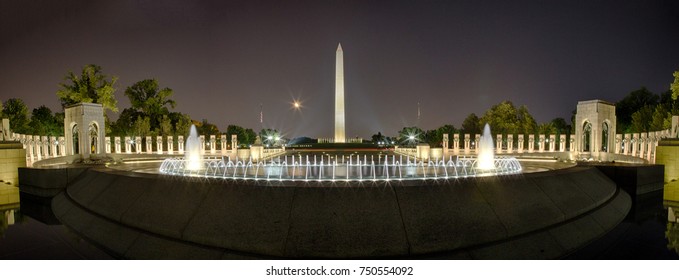 The Moon Rises Over The World War Two Memorial Fountains And The Washington Monument Aglow On A Summer Night.