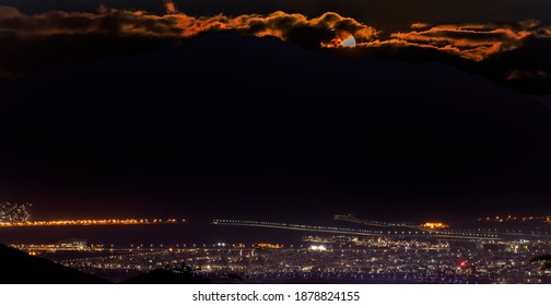 Moon Rising Above Mountains Of African Rift, Middle East. 