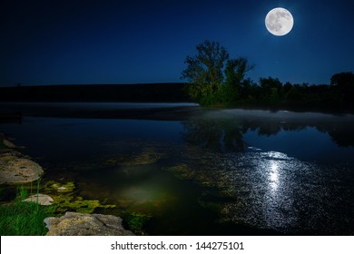 Moon Rising Over Lake