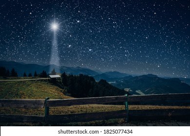 The Moon Shines Over The Manger Of Christmas Of Jesus Christ.