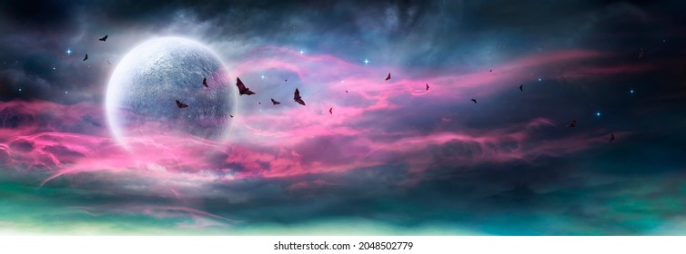 Moon In Spooky Night - Halloween Background With Clouds And Bats