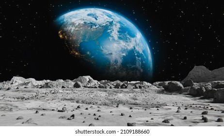 A moon surface and a big planet background - Powered by Shutterstock