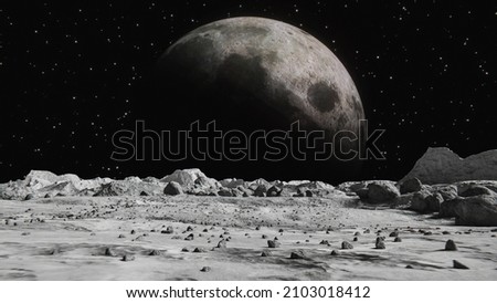 A moon surface and a big planet background