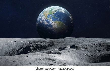 Moon Surface And Blue Earth Planet In Deep Space. Artemis Program. Elements Of This Image Furnished By NASA