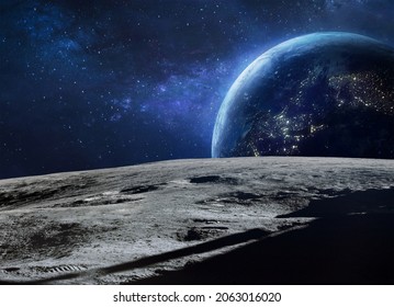 Moon surface and blue Earth planet at night in deep space. Artemis program. Apollo program. Cities lights. Elements of this image furnished by NASA