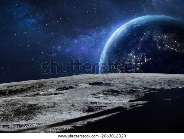Moon surface and blue Earth planet at\
night in deep space. Artemis program. Apollo program. Cities\
lights. Elements of this image furnished by\
NASA