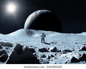 Moon surface with cosmonaut in the background of Earth. Elements of this image furnished by NASA. - Powered by Shutterstock