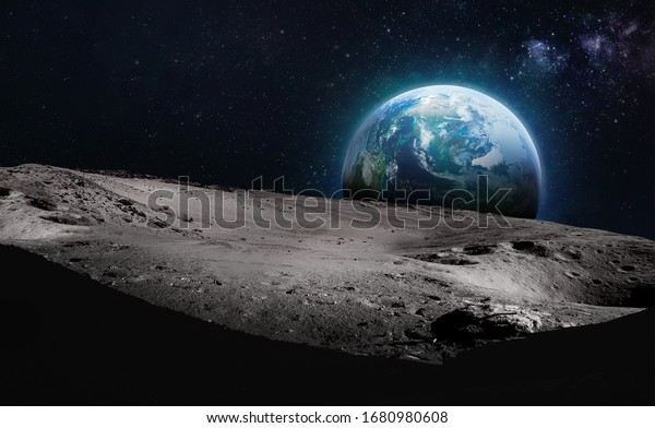 Moon surface with dark side. Earth on\
background. Elements of this image furnished by\
NASA.
