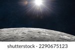 Moon surface in deep bright space. Future Artemis mission from Earth planet on Moon satellite. Return of astronauts. Elements of this image furnished by NASA