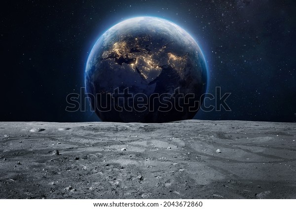 Moon surface and Earth at night in deep space.\
Planet and satellite. Artemis space program. Elements of this image\
furnished by NASA