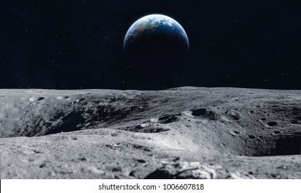 Moon surface and Earth on the horizon. Space art fantasy. Black and white. Elements of this image furnished by NASA - Shutterstock ID 1006607818