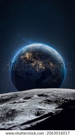 Moon surface and Earth planet at night in outer space. Artemis lunar space program. Apollo moonwalk. Elements of this image furnished by NASA