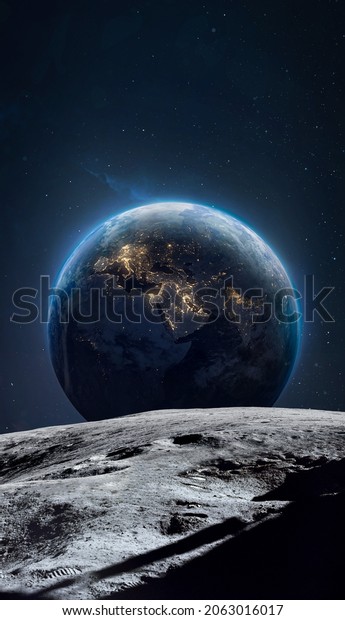 Moon surface and Earth planet at night in outer\
space. Artemis lunar space program. Apollo moonwalk. Elements of\
this image furnished by\
NASA