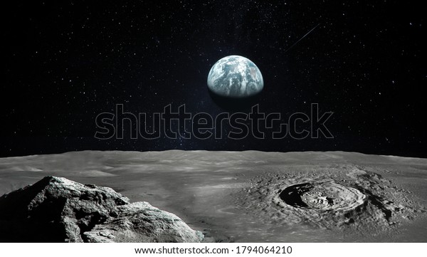 Moon surface. Earth planet on background. Apollo\
space program. Expedition to satellite. Elements of this image\
furnished by NASA\

