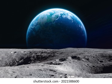 Moon surface and Earth planet in outer space. Exploration of Solar system. Artemis space program. Elements of this image furnished by NASA - Shutterstock ID 2021588600