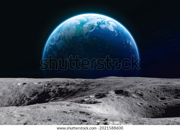 Moon surface and Earth planet in outer space.\
Exploration of Solar system. Artemis space program. Elements of\
this image furnished by\
NASA