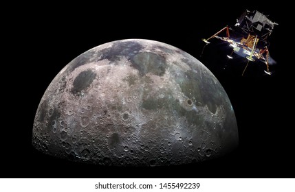 Moon Surface And Lunar Module. Black Background. Apollo Space Program. Elements Of This Image Furnished By NASA.