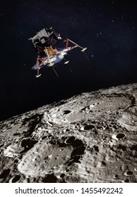 Moon Surface And Lunar Module. Black Background. Apollo Space Program. Elements Of This Image Furnished By NASA.