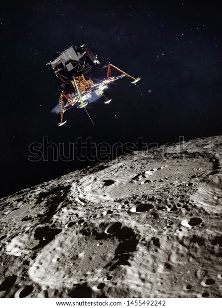 Moon surface\
and lunar module. Black background. Apollo space program. Elements\
of this image furnished by\
NASA.