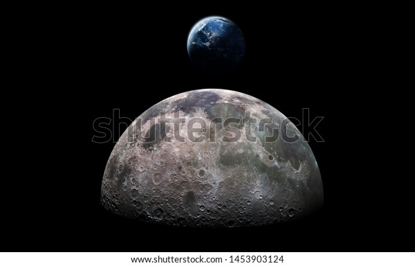 Moon surface and planet Earth in the\
dark space. Elements of this image furnished by\
NASA