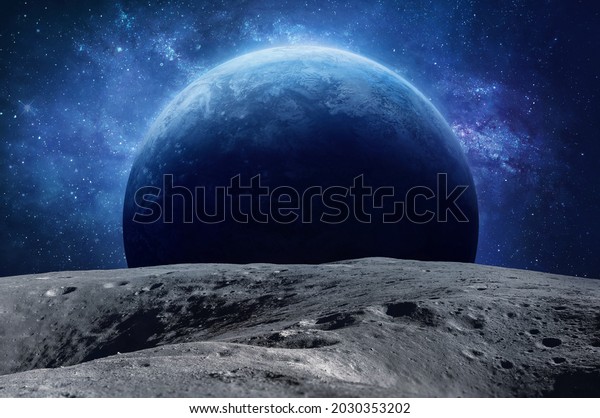 Moon surface and planet in outer\
space. Satellite of Earth. Apollo. Asteroid with craters. Artemis\
space program. Elements of this image furnished by\
NASA